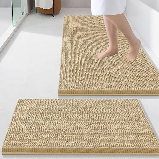Smiry Chenille Bathroom Rugs Sets 2 Piece (34x21+24x16, Beige) | Soft Absorbent Machine Washable Non Slip Shaggy Bath Rug Set for Tub, Shower, and Floor, Home Decor