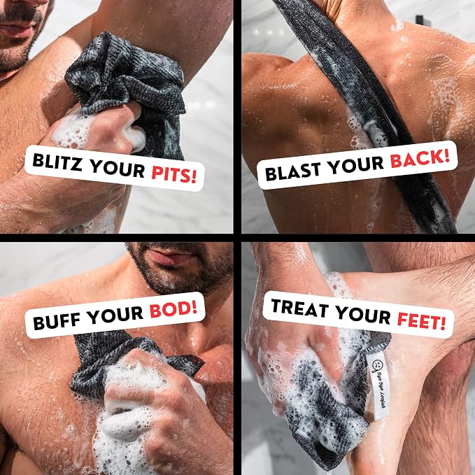 Extra Rough Exfoliating Washcloth, Extreme Body & Back Scrubber for Shower | Extra Long, Hygienic Exfoliator Wash Cloth, Men or Women, 2 Count Pack, 1 Black & 1 Grey Color, Bye Bye Loofah