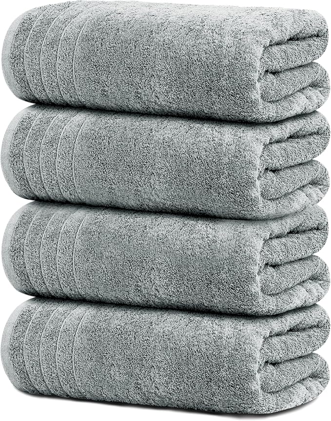 4 Piece Extra Large Bath Towels 30 x 60 Inches, Cool Grey | 100% Cotton, Larger & Lighter Weight, Quicker to Dry, Super Soft and Absorbent, Perfect for Bathroom