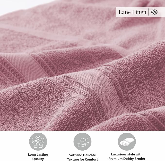 LANE LINEN 100% Cotton Large Bath Towels Set of 4 (30"x60") - Zero Twist, Mercerized Cotton Bathroom Towel 4 Pack - Quick Dry, Soft & Absorbent Large Towels Set - Oeko Tex Certified - Wishful Mauve