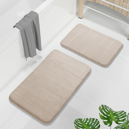 Yimobra Memory Foam Bathroom Rugs Sets 2 Piece - Super Soft Absorbent Quick Dry Bath Mat Set, Machine Washable Non Slip Floor Carpet for Tub Shower & Single Sink (17x24 & 31.5x20 Inch, Beige)