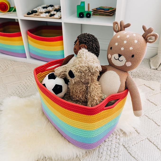 OrganiHaus Rainbow Cotton Rope Baskets for Shelves, Set of 3 - 15"×10"×9½" - Colorful Storage Baskets for Kids - Nursery, Playroom, Classroom - Toy Storage, Books, Towels