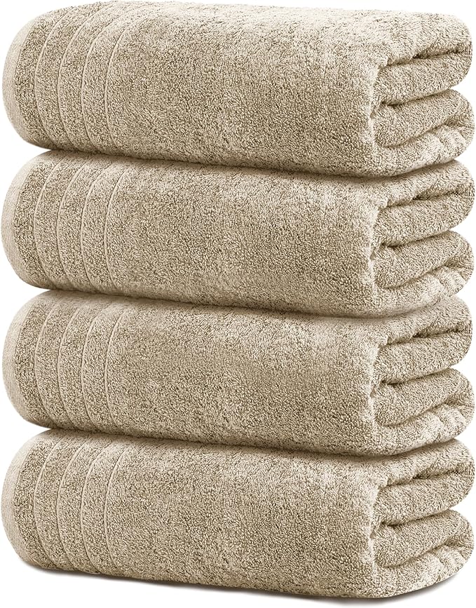 4 Piece Extra Large Bath Towels 30 x 60 Inches, Beige | 100% Cotton, Larger & Lighter Weight, Quicker to Dry, Super Soft and Absorbent, Perfect for Bathroom