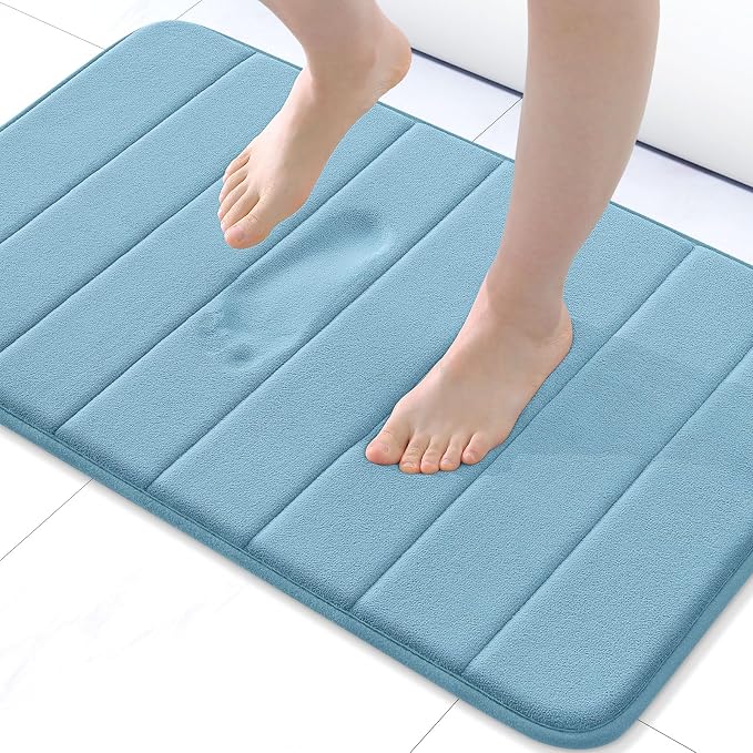 Buganda Memory Foam Bath Mat 24 x 16, Ultra Soft Absorbent Bathroom Rugs | Blue, Machine Washable Quick Dry Bath Mats for Bathroom Floor, Shower and Tub, Home Decor Accessories