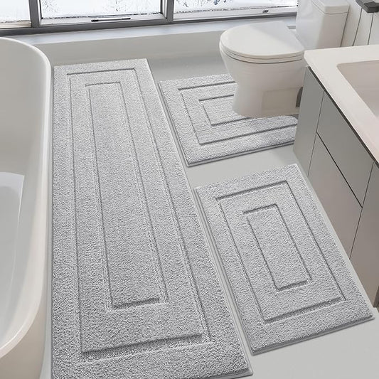 IM HOME Bathroom Rugs Sets 3 Piece, Ultra Soft Plush Fluffy Microfiber Absorbent Bath Mat, Non-Slip Backing, Machine Washable Bath Mats for Bathroom Floor, Tub, Toilet and Shower, Grey/Bordered