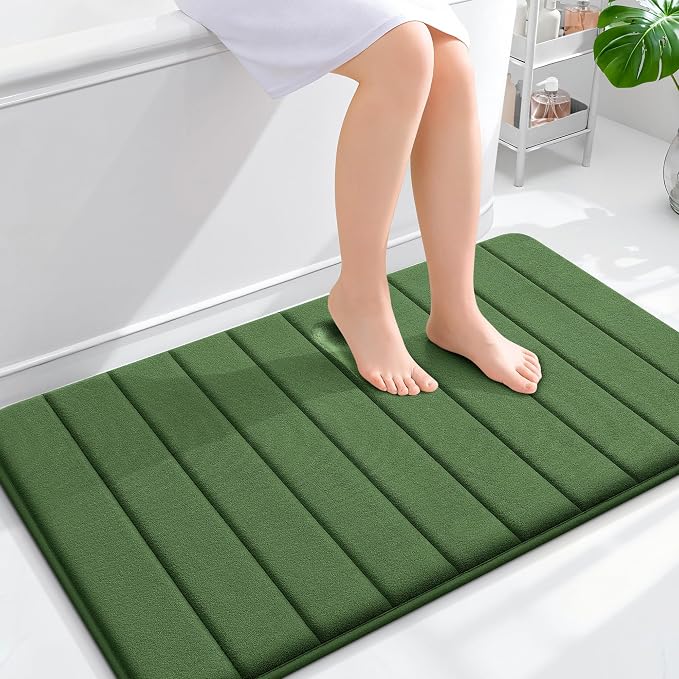 OLANLY Memory Foam Large Bath Mat 40x24, Super Soft Absorbent Bathroom Rugs | Olive Green, Quick Dry Bath Rug, Machine Washable Shower Floor Mats, Bathmat Carpet for Bathroom Floor, Tub and Shower