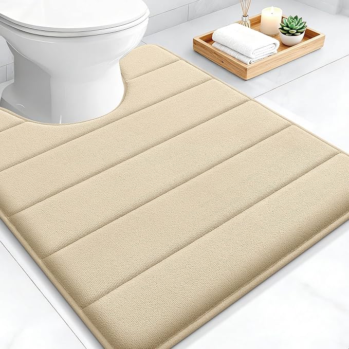 OLANLY Memory Foam Toilet Rugs U Shaped 24x20, Super Soft and Absorbent | Beige, Quick Dry Commode Contour Bath Rugs, Machine Washable Toilet Mat, Comfortable Bathmat Carpet for Bathroom Floor