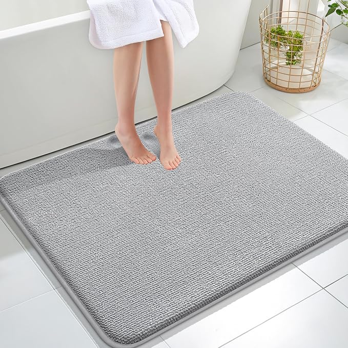 OLANLY Memory Foam Large Bathroom Rug 40x32, Absorbent Bath Mat, Light Grey | Soft Quick Dry Bath Rugs, Non-Slip Carpet, Machine Washable Mat for Bathroom Floor, Tub and Shower, Home Decor Accessories
