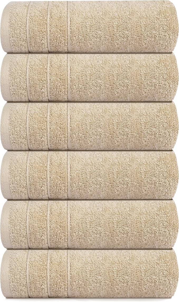 6 Piece Hand Towels Set 16 x 28 Inches, Beige | 100% Cotton, Lighter Weight, Quick to Dry, 16 x 28 Inches, Super Soft & Absorbent, Perfect for Bathroom & Kitchen