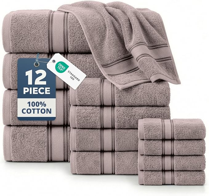 LANE LINEN Towel Set for Bathroom Soft Absorbent Quick Dry - Platinum | Set Of Towels - Dobby Border Accent, OEKO-TEX Certified, Zero-Twist Durability, Zero-Twist Cotton, Terry Weave Comfort