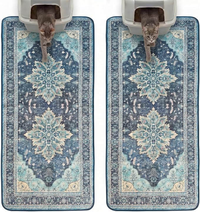 Hompet Cat Litter Mat 2 Pack, 24x60 Large Machine Washable Trapping Mats for Cats, Super Absorbent & Urine-Proof Cat Litter Box Mat for Floor, Waterproof & Non Slip Kitty Litter Rug