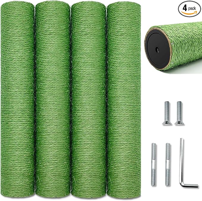 Cat Scratching Post Replacement for Cactus Cat Tree & Tower, Green 4 PCS 15.7in, Natural Sisal Replacement Parts with M8 Screws, Cute Green Cat Tree Refurbishment