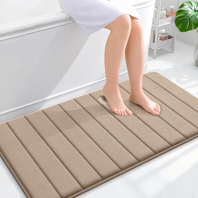 OLANLY Memory Foam Long Bathroom Rugs Runner 44x24, Super Soft Absorbent | Tan, Quick Dry Bath Mat, Machine Washable Shower Floor Rugs, Bathmat Carpet for Bathroom Floor, Tub and Shower