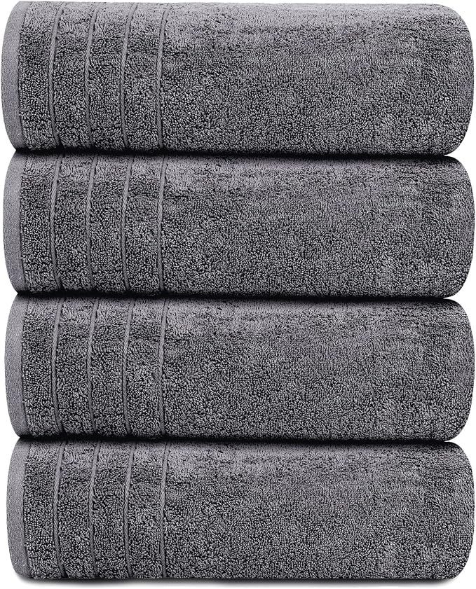 4 Piece Extra Large Bath Towels 30 x 60 Inches, Dark Grey | 100% Cotton, Larger & Lighter Weight, Quicker to Dry, Super Soft and Absorbent, Perfect for Bathroom