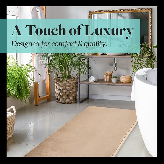Memory Foam Bath Mat Non Slip Absorbent Super Cozy Velvet Bathroom Rug Carpet (22 inches X 36 inches, Beige)