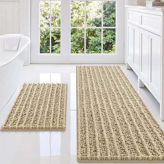 Smiry Bathroom Rugs Sets 2 Piece (59x20+24x16), Extra Soft Bath Mats | Beige Soft Absorbent, Rubber Backing Machine Washable Quick Dry Chenille Bath Rug Set for Tub, Shower, and Floor