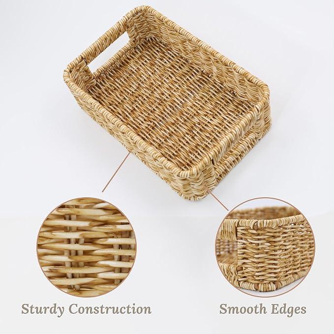 WeeNest Baskets for Organizing, Small Wicker, Storage Bins for Bathroom and Toilet Paper Rolls, Hand Woven Tank Topper with Handle, Set of 2, Oat Milk