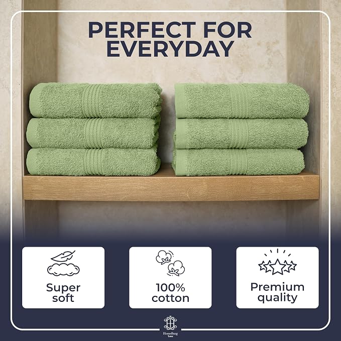 Luxe 6-Piece Hand Towel Set – Soft & Absorbent Cotton, Hotel Quality, Quick-Drying, Easy Care, 16 x 28 in (Sage Green)