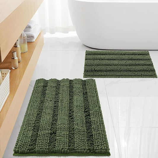Non Slip Thick Shaggy Chenille Bathroom Rug Sets 2 Piece, Thickened Hot Melt Rubber Bottom Bath Mats for Bathroom, Bath Rugs Quick Dry Machine Washable for Shower (Loden, 32"x20" Plus 17"x24")
