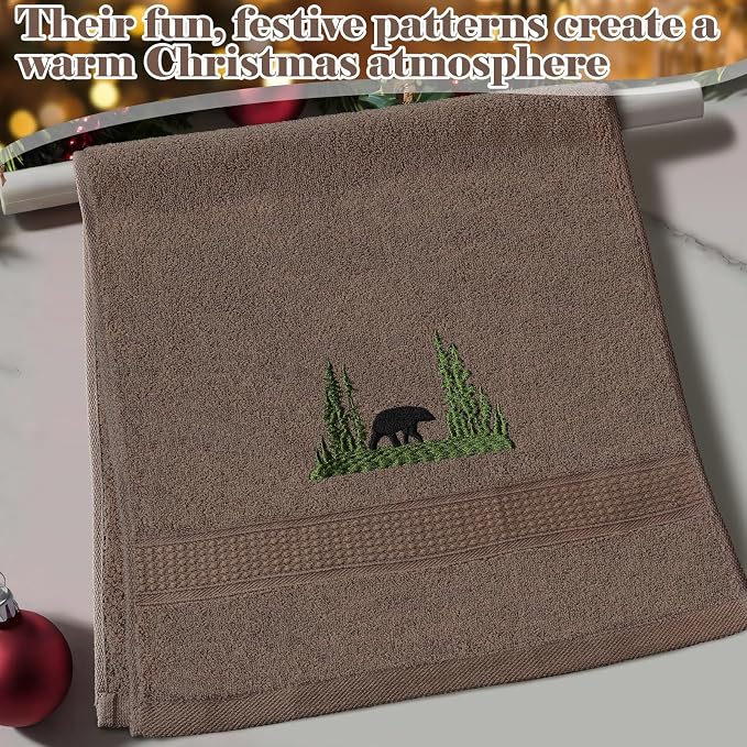 3 Pcs Farmhouse Cabin Bear Hand Towels Hand Towels for Bathroom | Embroidered Forest Moose Deer Design, 100% Cotton, Farmhouse Kitchen Holiday Decor, Absorbent Towels, Housewarming Gifts