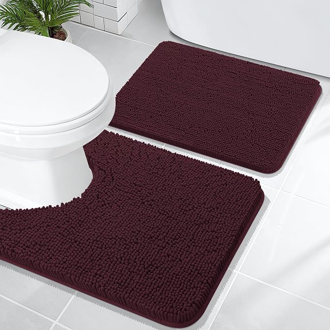 OLANLY Chenille Bathroom Rugs Sets 2 Piece, 24"x16"+24"x20", Black Cherry | Soft Absorbent Bath Mat and U-Shaped Contour Toilet Rug Set, Quick Dry, Machine Washable Bath Carpet, Home Decor Accessories