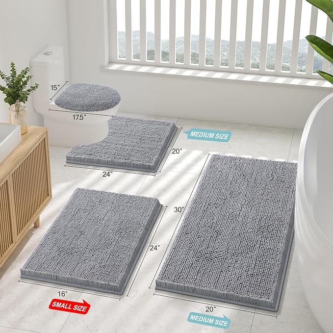 Smiry Chenille Bathroom Rugs Sets 2 Piece (30x20+ U Shape 24x20, Grey) | Soft Absorbent Machine Washable Non Slip Shaggy Bath Rug Set for Tub, Shower, and Floor, Home Decor