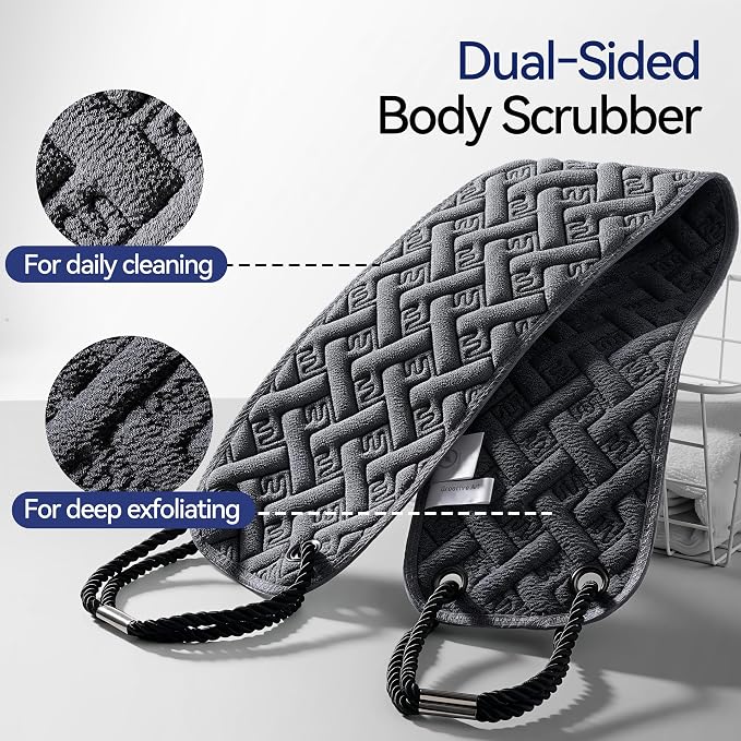 Back Scrubber for Shower for Men, 2X Wider 38.5" Double-Sided Back Washer | Bath Sponge Loofah with Handles, Washcloth Towel for Men& Women Deep Skin Cleansing, Gently Exfoliate & Cleanse Body Scrub