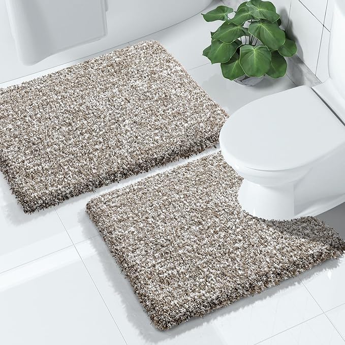 Yimobra Fluffy Bathroom Toilet Rug Set, 24x17+24x20, Light Brown and White | Soft Absorbent Microfiber Bath Mat Set, Non Slip, Machine Washable Quick Dry, Plush Shaggy Shower Rugs for Bathroom Floor