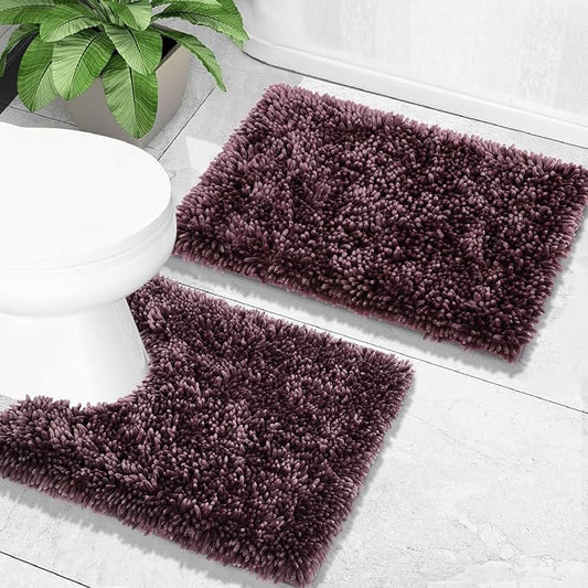 Yimobra Bathroom Rugs Sets 2 Piece, Soft Absorbent Bath Mat and U-Shaped Toilet Rug with Non Slip Backing, Luxury Shaggy Bath Mats for Bathroom, Machine Washable, 24"x17"+24"x20", Dark Purple
