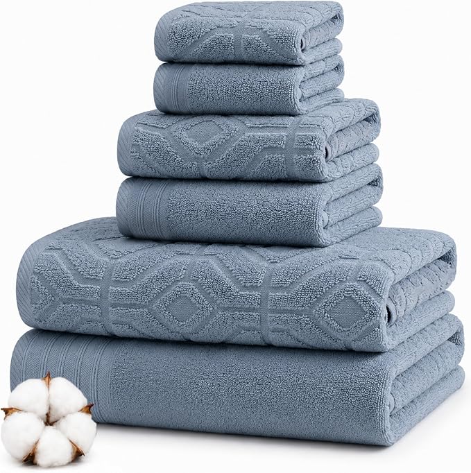 Modern Threads 6 Piece Cotton Bath Towel Set – Ultra Soft 550 GSM Towels – Bathroom Set with Hand Towels and Washcloths – Geometric (Blue)
