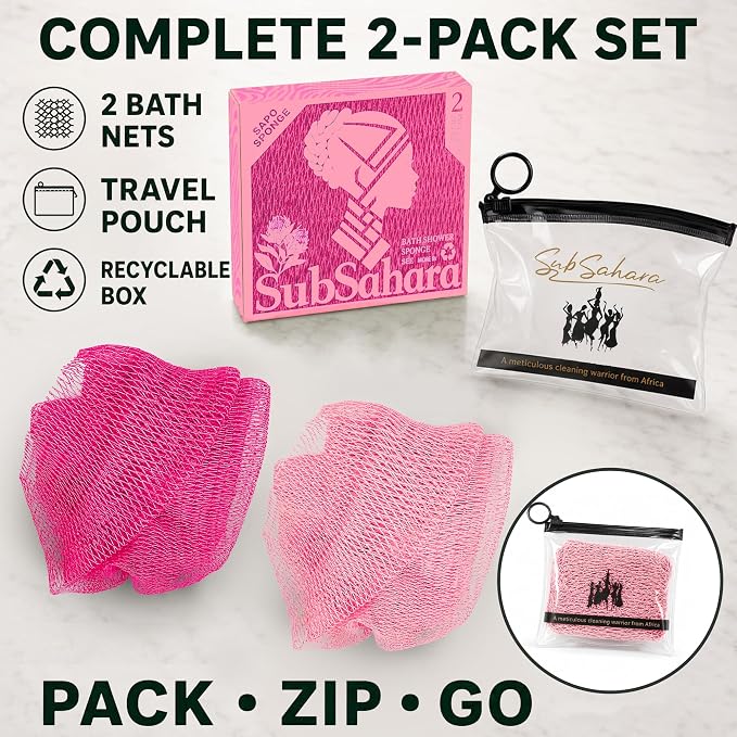 Authentic African Net Sponge, 2 Pack 45-Inch Exfoliating Bath Sponge and Shower Loofah for Body and Back, Colorfast Quick-Dry Knotted Mesh Scrubber with Travel Pouch (Dark Pink & Light Pink)
