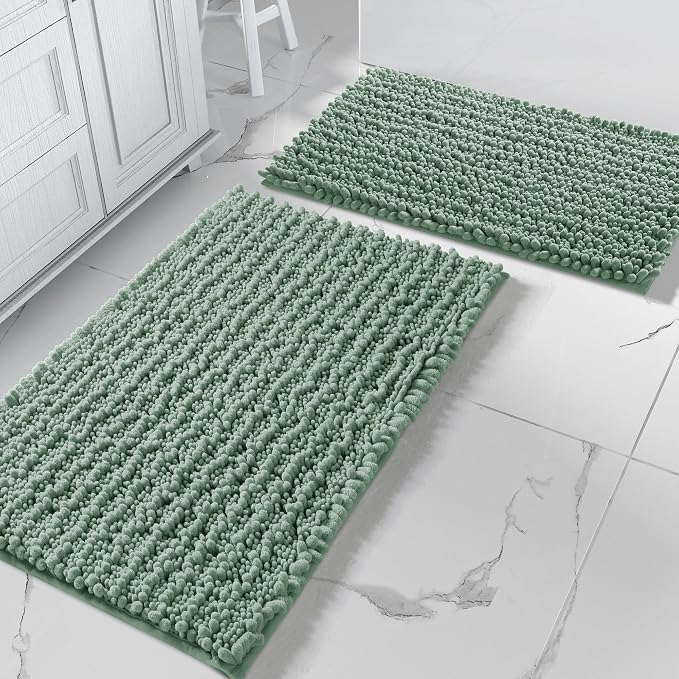 Yimobra Bathroom Rugs Sets 2 Piece - Quick Dry Extra Thick Luxury Chenille Bath Mat, Non Slip Super Absorbent for Tub Shower Sink, Machine Washable Shaggy Floor Mat, 32"x20"+24"x17" Inch, Green