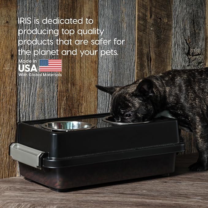 IRIS USA Elevated Dog Bowls 6" H, up to 5 lb Storage, Black, Made in USA | Comes with 4 Stainless Steel Bowls (16 oz), Elevated Feeder, Reduce Strain, Perfect for Camping & Outdoors