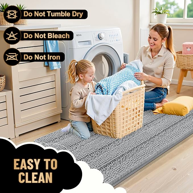 OLANLY Thick Chenille Bathroom Rugs Sets 3 Piece, 47"x20"+24"x16"+24"x20" | Light Grey, Absorbent Bath Mats and U-Shaped Contour Toilet Rug, Home Decor Accessories, Bath Mat Set for Bathroom