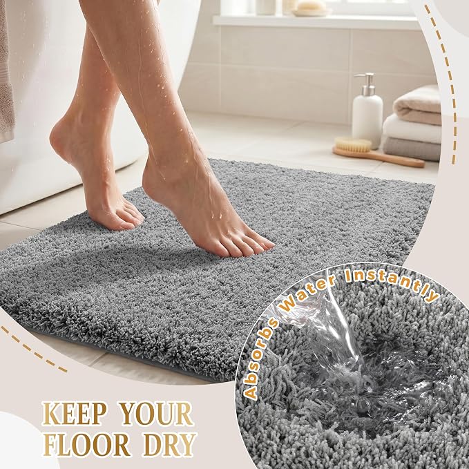 Yimobra Bath Rugs for Bathroom 32X20, Ultra Soft and Water Absorbent Bath Mats, Non Slip Plush Shower Rugs, Microfiber Thick Matts for Bathroom Floor/Tub, Machine Washable, Pure Gray