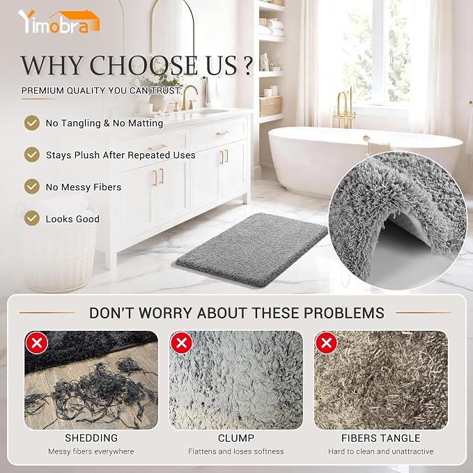 Yimobra Fluffy Plush Bath Rug, Super Shaggy Soft Comfortable Non Slip, Water Absorbent Microfiber Bath Mat, Dries Quickly, Machine Washable Thick Bathroom Rugs for Shower, 56" X 24", Pure Gray
