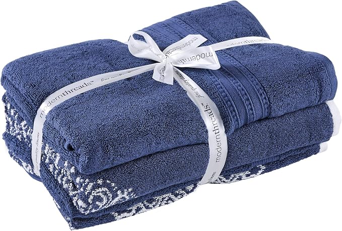 Modern Threads 6-Piece 100% Cotton Damask Medallion Towel Set, Navy | Highly Absorbent, Soft & Plush, Quick-Drying, 550 GSM, Color-Rich Yarn-Dyed Design, OEKO-TEX Certified