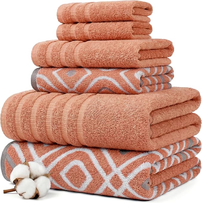 Modern Threads 6 Piece Bath Towel Set – Bathroom Set with 2 Bath Towels, 2 Hand Towels, and 2 Wash Cloths – 100% Cotton, Super Absorbent & Extra Soft – Reversible Classic Diamond (Rust Orange)