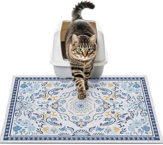 24"x15" Cat Litter Mat Waterproof Non-Slip Litter Trapping Pad | Soft Mesh Litter Box Mat With A Decorative Pattern Captures Scatter Effectively To Keep Floors Clean And Tidy