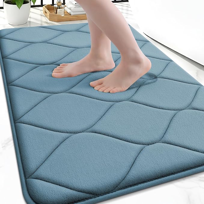 Smiry Memory Foam Bath Mat 30x20, Ultra Soft Absorbent Bathroom Rugs | Airy Blue, Plush Quick Dry and Machine Washable Cushion Bath Mats for Bathroom, Shower, Tub & Home Decor