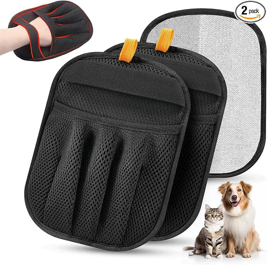 2Pcs Pet Hair Removal Gloves Cat & Dog, Electrostatic Reusable Remover Tool | Upgraded washable 5-finger pet hair remover works for laundry, couch, carpet & car seat, easily removes dog and cat fur.