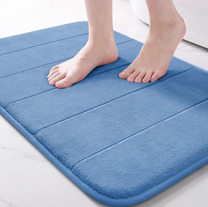Yimobra Memory Foam Bath Mat, Super Soft Absorbent Bathroom Rug Non Slip, Quick Dry, Machine Washable Floor Carpet for Tub Shower, Home Decor Accessories, 24x17, Blue