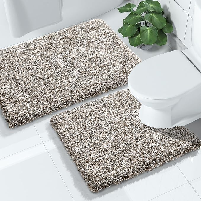 Yimobra Fluffy Bathroom Toilet Rug Set, 32x20+24x20, Light Brown and White | Soft Absorbent Microfiber Bath Mat Set, Non Slip, Machine Washable Quick Dry, Plush Shaggy Shower Rugs for Bathroom Floor