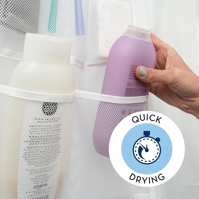 S&T INC. Shower Organizer and Caddy, 2 Pack, 14" x 30", White | Quick-Dry Mesh, 7 Pockets, Shower Caddy and Bathroom Organizer, Hangs on Existing Shower Curtain Hooks, Cruise Essential