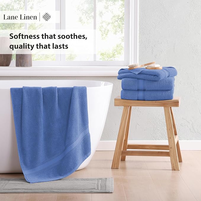 LANE LINEN 100% Cotton 4 Pack Bath Towels (30"x60") - Zero Twist, Mercerized Cotton Bathroom Towels Set - Quick Dry, Soft & Absorbent Large Bath Towels - Machine Wash in Cold Water - Cerulean Blue