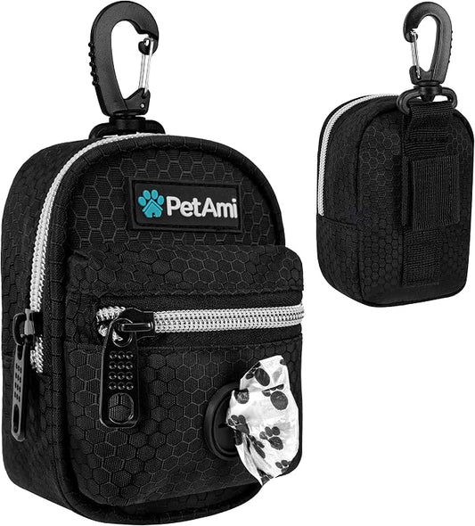 PetAmi Dog Poop Bag Holder for Leash, Waste Bag Dispenser Pet Pouch, Black | Doggy Puppy Walking Accessories Travel Camping, Dog Treat Pouch Supplies Must Have, Doggie Poo, Jogging, Walks