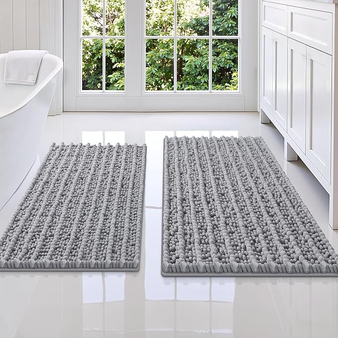 Smiry Bathroom Rugs Sets 2 Piece (34x21+30x20), Extra Soft Bath Mats | Grey Soft Absorbent, Rubber Backing Machine Washable Quick Dry Chenille Bath Rug Set for Tub, Shower, and Floor
