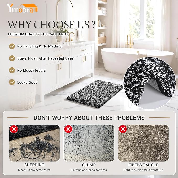 Yimobra Black and White Bathroom Rugs Non Slip Washable 36X24, Ultra Soft and Water Absorbent Bath Mats, Plush Fluffy Shower Mat Outside, Luxury Microfiber Thick Matts for Bathroom Floor/Tub