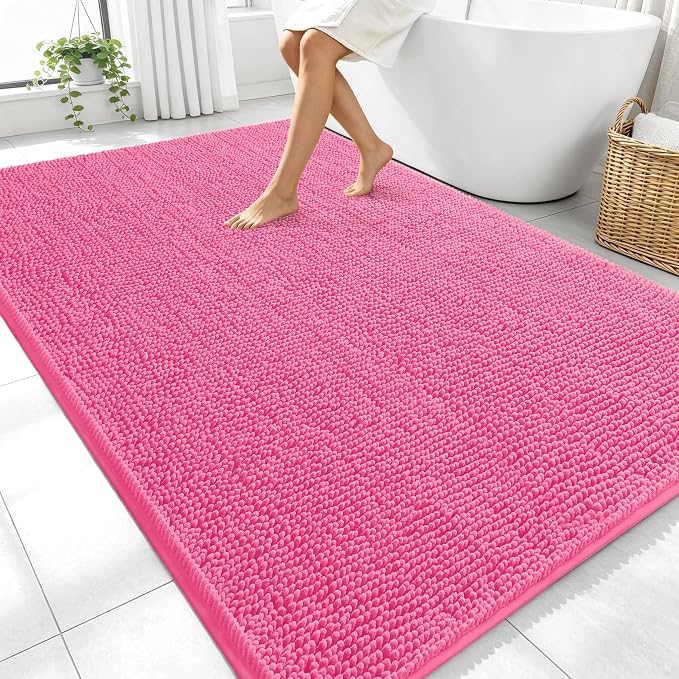 OLANLY Large Bathroom Rugs 70x46, Extra Soft Absorbent Chenille Bath Rugs | Hot Pink, Quick-Drying Rubber Backing, Machine Washable Bath Mat for Bathroom Floor, Tub and Shower, Home Decor Accessories