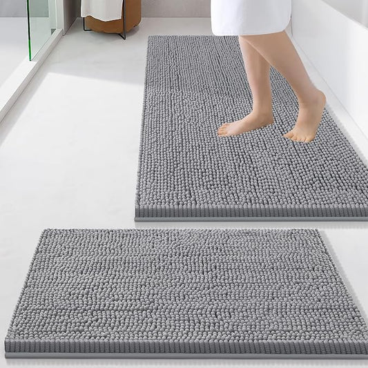 Smiry Chenille Bathroom Rugs Sets 2 Piece (34x21+24x16, Grey) | Soft Absorbent Machine Washable Non Slip Shaggy Bath Rug Set for Tub, Shower, and Floor, Home Decor